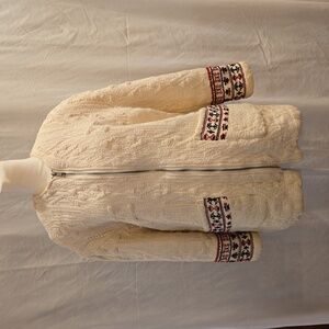 Mango Embroidered Boho Western Cotton  Zip Up Jacket Cream Size Small